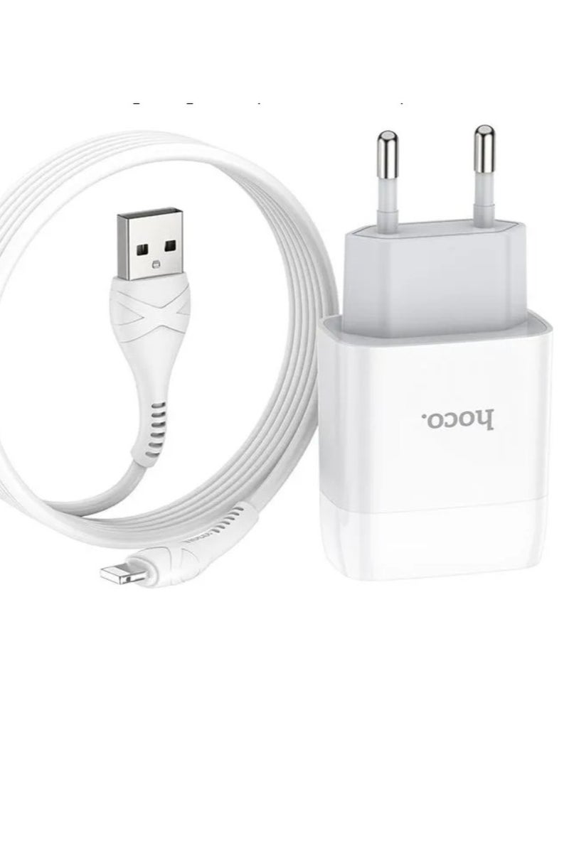 Hoco C72A - Glorious Single Port Charger, Set With USB-A To Lightning Cable (2.1A - 5V - 1M) Compatible with iPhone - White - Image 1