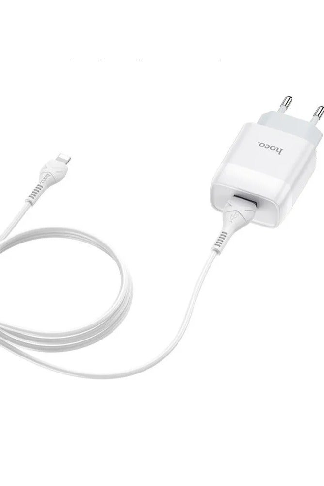 Hoco C72A - Glorious Single Port Charger, Set With USB-A To Lightning Cable (2.1A - 5V - 1M) Compatible with iPhone - White - Image 2