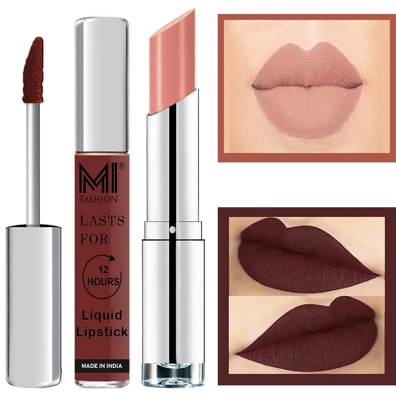 MI Fashion Made in India Lipstick Combo Offers 100 Veg Long Lasting Dark Brown Liquid Matte Lipstick Nude Tude Creamy Matte Lipstick - Image 1