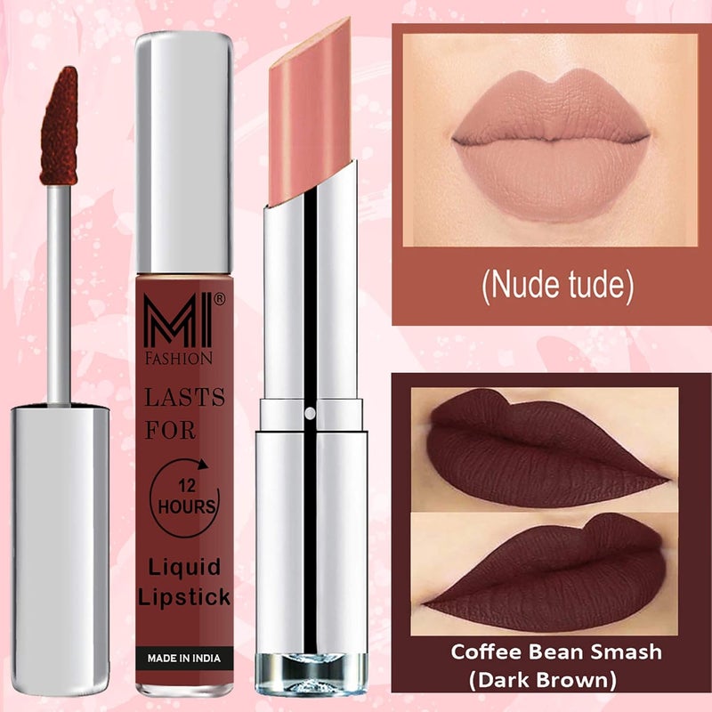 MI Fashion Made in India Lipstick Combo Offers 100 Veg Long Lasting Dark Brown Liquid Matte Lipstick Nude Tude Creamy Matte Lipstick - Image 3
