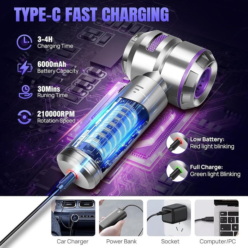 XVersion 4-in-1 Cordless Air Duster & Car Vacuum Cleaner, Portable Handheld Vacuum with Blow, Inflate & Deflate Functions, 3-Speed Control, Battery Display & Type-C Charging - Silver - Image 3