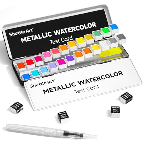 Shuttle Art Metallic Watercolor Paints, Shuttle Art 24 Colors Glitter Watercolor Paint in Half Pans with Water Brush Pen Watercolor Pad &Mental Box, Art Supplies for WatercolorPainting, Illustrations, Calligraphy - Image 1