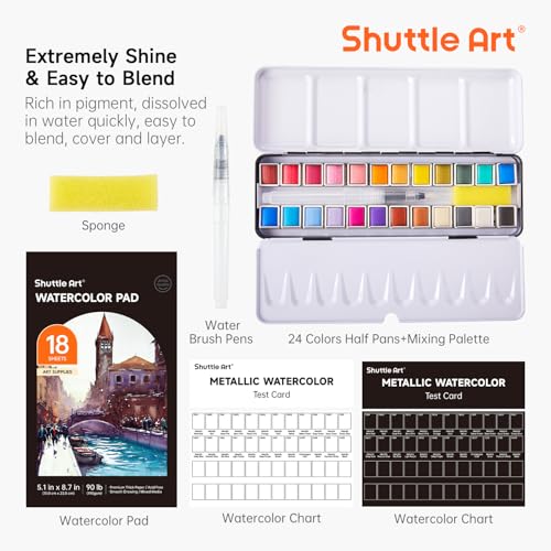 Shuttle Art Metallic Watercolor Paints, Shuttle Art 24 Colors Glitter Watercolor Paint in Half Pans with Water Brush Pen Watercolor Pad &Mental Box, Art Supplies for WatercolorPainting, Illustrations, Calligraphy - Image 4