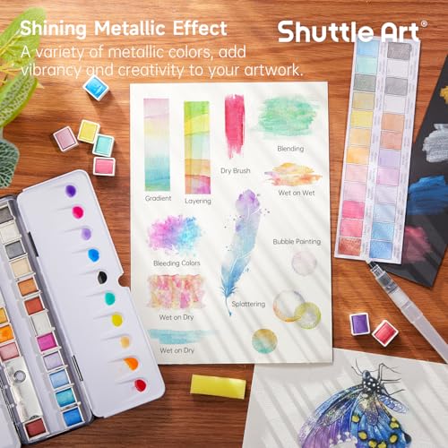 Shuttle Art Metallic Watercolor Paints, Shuttle Art 24 Colors Glitter Watercolor Paint in Half Pans with Water Brush Pen Watercolor Pad &Mental Box, Art Supplies for WatercolorPainting, Illustrations, Calligraphy - Image 5