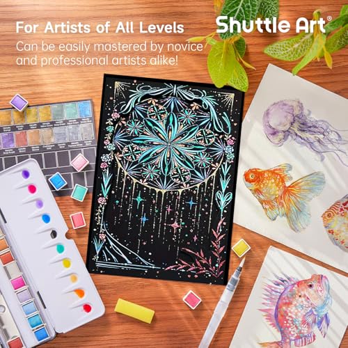 Shuttle Art Metallic Watercolor Paints, Shuttle Art 24 Colors Glitter Watercolor Paint in Half Pans with Water Brush Pen Watercolor Pad &Mental Box, Art Supplies for WatercolorPainting, Illustrations, Calligraphy - Image 2