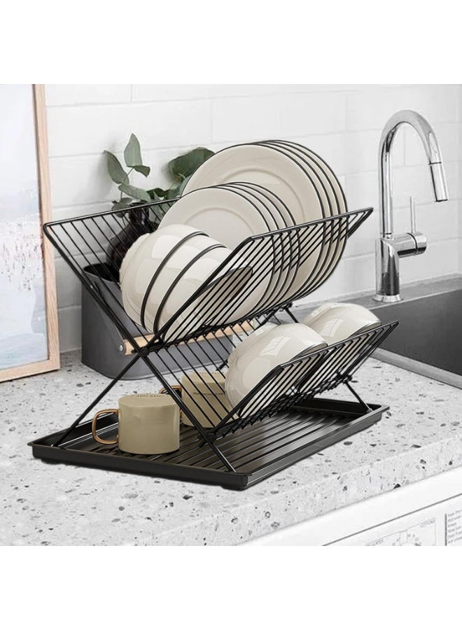 كيتشينو رف أطباق قابل للطي من طبقتين لمنضدة المطبخ - منظم تخزين حديدي موفر للمساحة للأطباق، الأوعية، الكؤوس والأدوات - رف تصريف فعال للأطباق، منظم توفير المساحات | منظم أدوات مائدة قابل للطي | رف حديد متين - Image 2