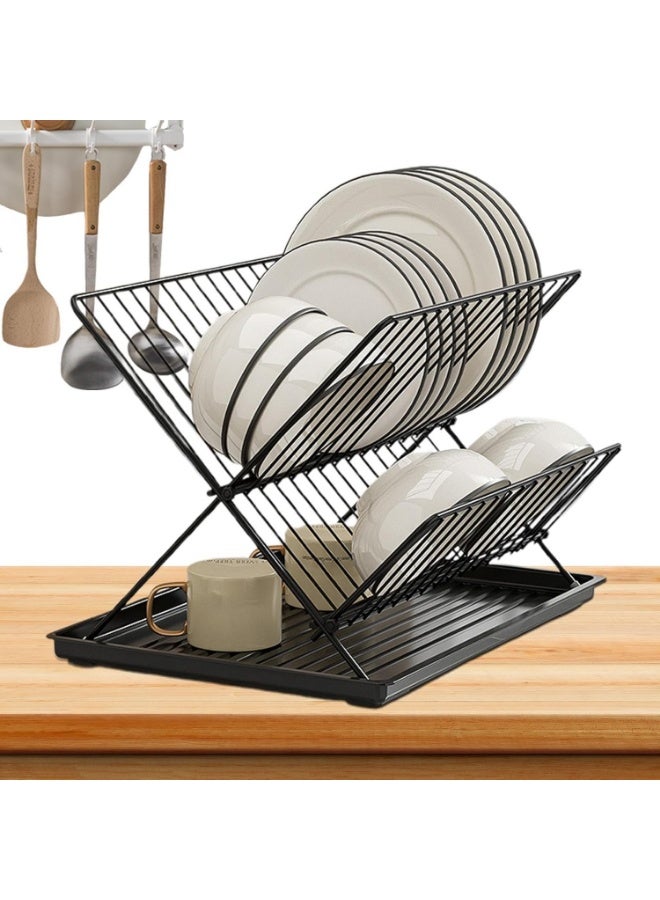 كيتشينو رف أطباق قابل للطي من طبقتين لمنضدة المطبخ - منظم تخزين حديدي موفر للمساحة للأطباق، الأوعية، الكؤوس والأدوات - رف تصريف فعال للأطباق، منظم توفير المساحات | منظم أدوات مائدة قابل للطي | رف حديد متين - Image 1
