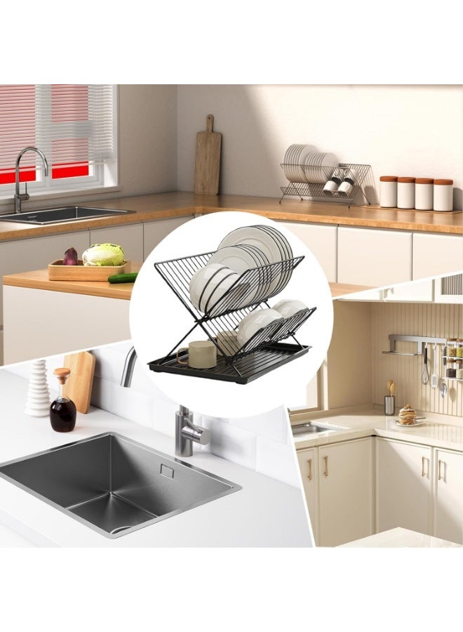 كيتشينو رف أطباق قابل للطي من طبقتين لمنضدة المطبخ - منظم تخزين حديدي موفر للمساحة للأطباق، الأوعية، الكؤوس والأدوات - رف تصريف فعال للأطباق، منظم توفير المساحات | منظم أدوات مائدة قابل للطي | رف حديد متين - Image 5