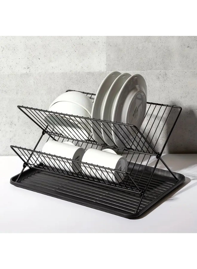 كيتشينو رف أطباق قابل للطي من طبقتين لمنضدة المطبخ - منظم تخزين حديدي موفر للمساحة للأطباق، الأوعية، الكؤوس والأدوات - رف تصريف فعال للأطباق، منظم توفير المساحات | منظم أدوات مائدة قابل للطي | رف حديد متين - Image 4