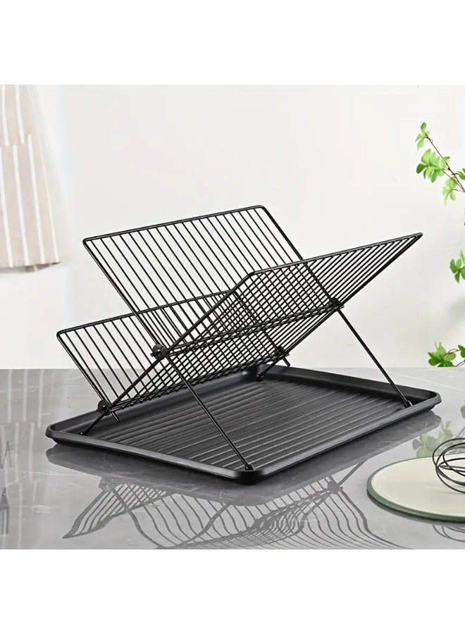 كيتشينو رف أطباق قابل للطي من طبقتين لمنضدة المطبخ - منظم تخزين حديدي موفر للمساحة للأطباق، الأوعية، الكؤوس والأدوات - رف تصريف فعال للأطباق، منظم توفير المساحات | منظم أدوات مائدة قابل للطي | رف حديد متين - Image 3