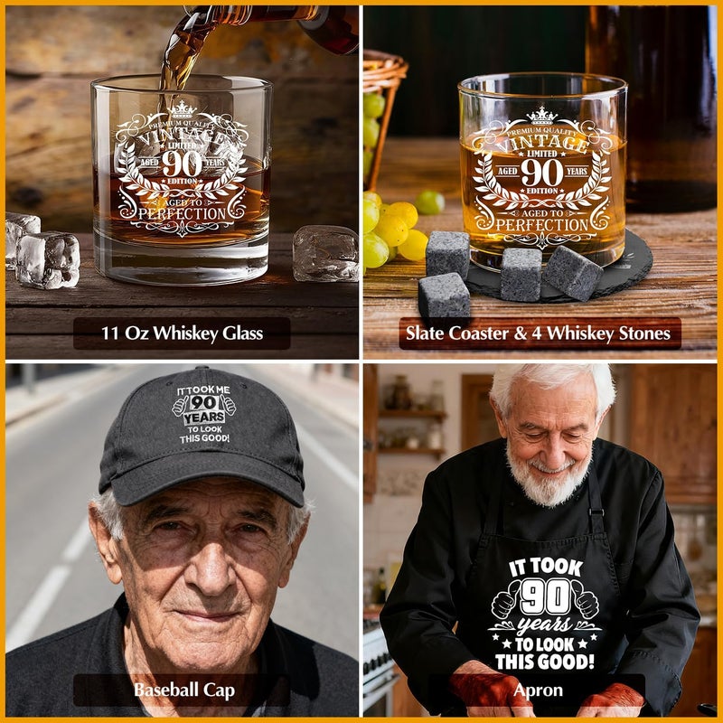 NVTROVI 90th Birthday Gifts for Men Whiskey Glass Set, 90th Birthday Party Supplies with 11 Oz Whiskey Glass Coaster Stone Baseball Cap Apron Sock Funny Toilet Paper Keychain for Him, Dad, Husband, Friends - Image 5