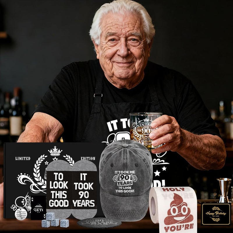 NVTROVI 90th Birthday Gifts for Men Whiskey Glass Set, 90th Birthday Party Supplies with 11 Oz Whiskey Glass Coaster Stone Baseball Cap Apron Sock Funny Toilet Paper Keychain for Him, Dad, Husband, Friends - Image 2