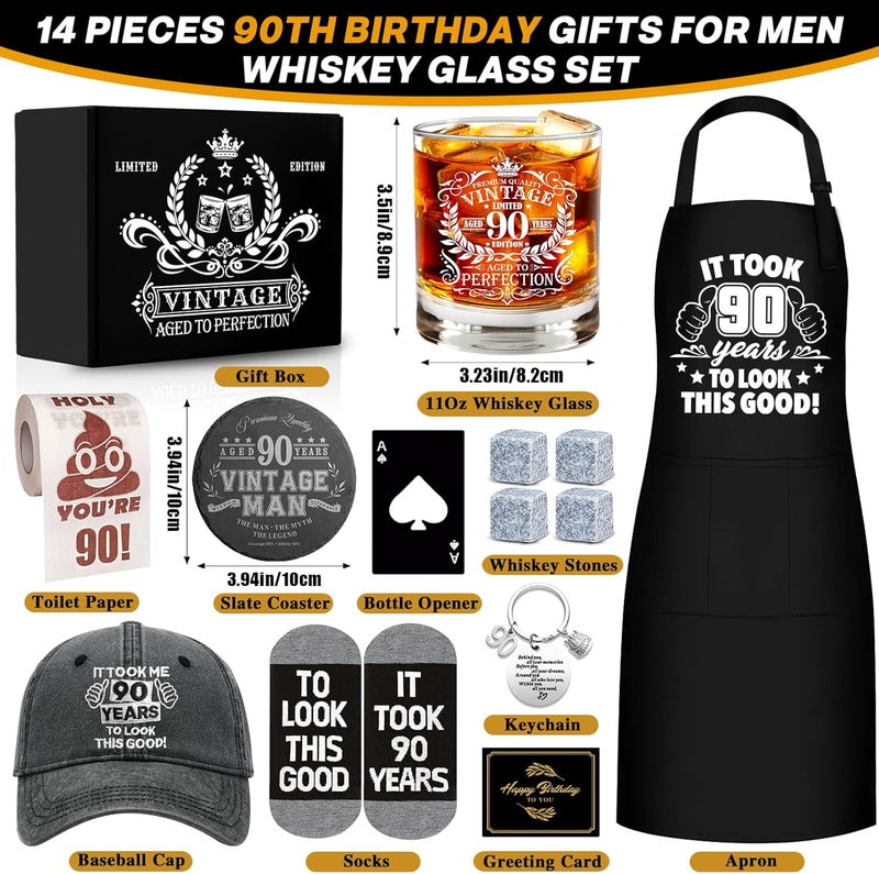 NVTROVI 90th Birthday Gifts for Men Whiskey Glass Set, 90th Birthday Party Supplies with 11 Oz Whiskey Glass Coaster Stone Baseball Cap Apron Sock Funny Toilet Paper Keychain for Him, Dad, Husband, Friends - Image 3
