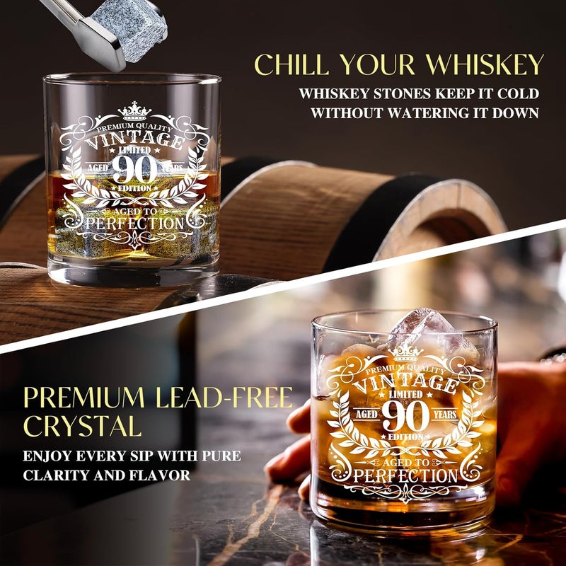NVTROVI 90th Birthday Gifts for Men Whiskey Glass Set, 90th Birthday Party Supplies with 11 Oz Whiskey Glass Coaster Stone Baseball Cap Apron Sock Funny Toilet Paper Keychain for Him, Dad, Husband, Friends - Image 4