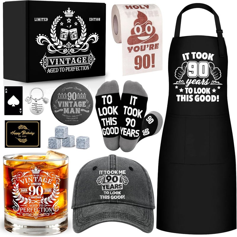 NVTROVI 90th Birthday Gifts for Men Whiskey Glass Set, 90th Birthday Party Supplies with 11 Oz Whiskey Glass Coaster Stone Baseball Cap Apron Sock Funny Toilet Paper Keychain for Him, Dad, Husband, Friends - Image 1
