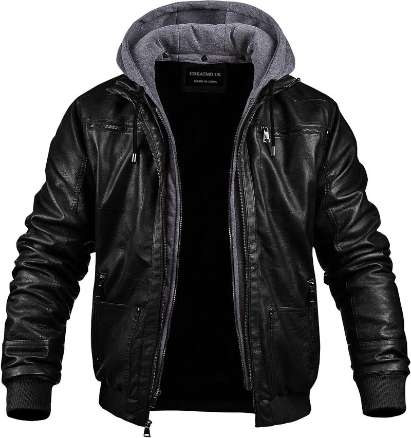 CREATMO US Men's Faux Leather Motorcycle Jacket with Removable Hood - Black Light, Large - Image 2
