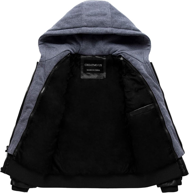 CREATMO US Men's Faux Leather Motorcycle Jacket with Removable Hood - Black Light, Large - Image 3