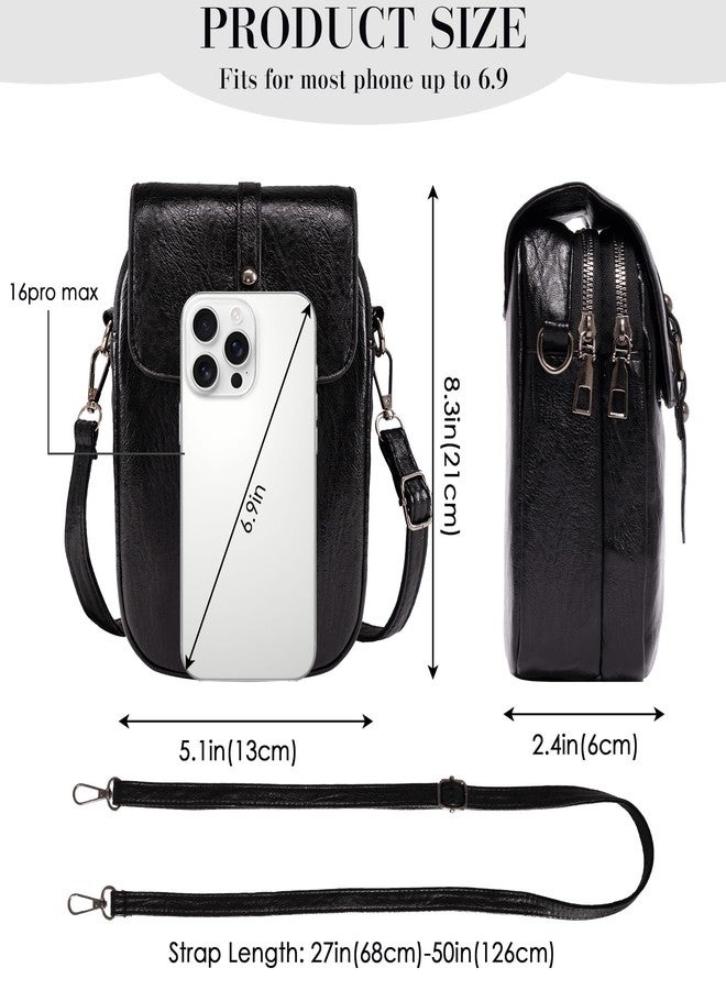 Toptime Small Crossbody Bags for Women Men, Vintage Leather Cell Phone Purse with 2 Zipper Pockets, Trendy Black Handbags with Earphone Hole, Lightweight Shoulder Bags for Travel Shopping Dating - Image 2
