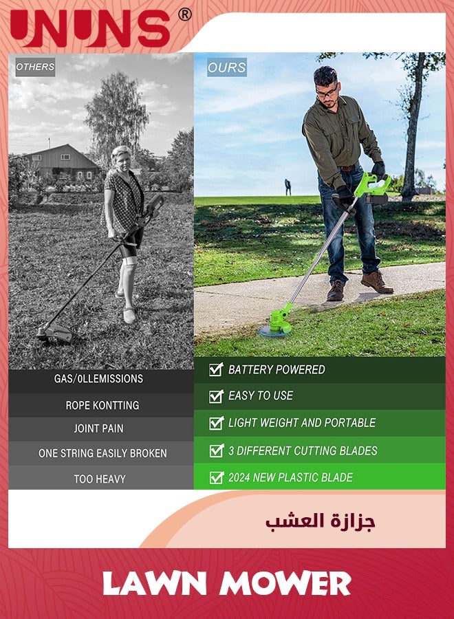 UNUNS Electric Lawn Mower,Cordless Weed Wacker Battery Operated,Brush Cutter 21v 4.0Ah Weed Trimmer,3-in-1 Weed Wacker Cordless With Wheels Adjustable Lightweight Grass Trimmer For Lawns Yard Garden,Green  - Image 4