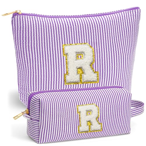 Fohufo Initial Makeup Bag for Women Toiletry Bag Portable Cosmetic Bag Make up Kit Pouch Travel Essentials Cute Makeup Bag Birthday Gifts for Women Purple Letter R - Image 1