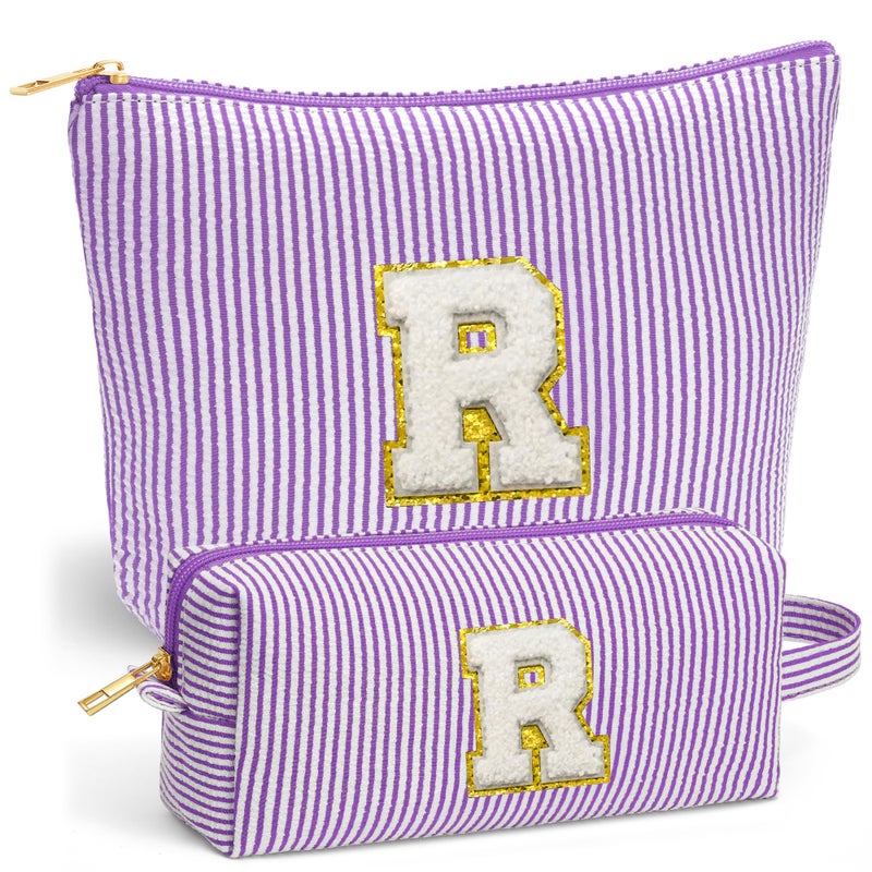 Fohufo Initial Makeup Bag for Women Toiletry Bag Portable Cosmetic Bag Make up Kit Pouch Travel Essentials Cute Makeup Bag Birthday Gifts for Women Purple Letter R - Image 2