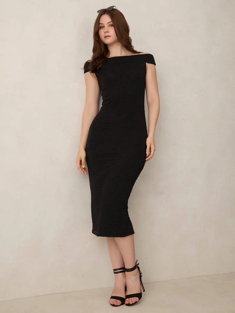Outzidr  Black Off Shoulder Textured Knit Dress for Women | Best Price UAE