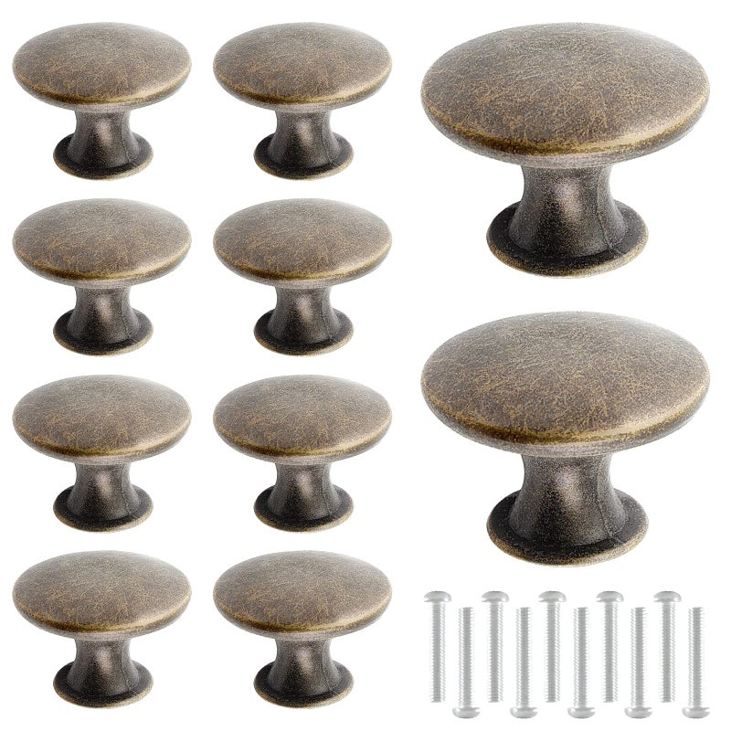 Zorfeter 10 Pcs Antique Brass Cabinet Knobs Round Rustic Brass Drawer Knobs Hardware Pulls Handles for Kitchen Cupboard Dresser 30mm Diameter