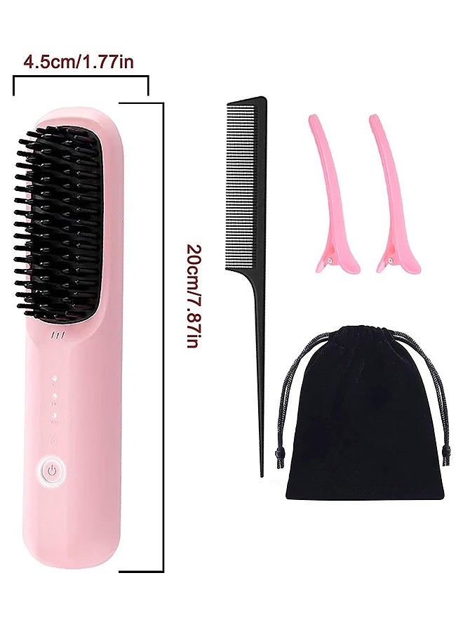 MAANGE Cordless Electric Hair Straightener Brush, 3 Temp Settings Fast Heating Ionic Straightening Comb, Portable Travel Design Anti-Scald Head for All Hair Types (Pink) - Image 2