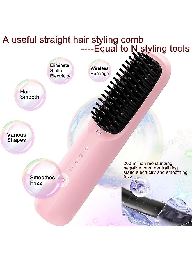 MAANGE Cordless Electric Hair Straightener Brush, 3 Temp Settings Fast Heating Ionic Straightening Comb, Portable Travel Design Anti-Scald Head for All Hair Types (Pink) - Image 5