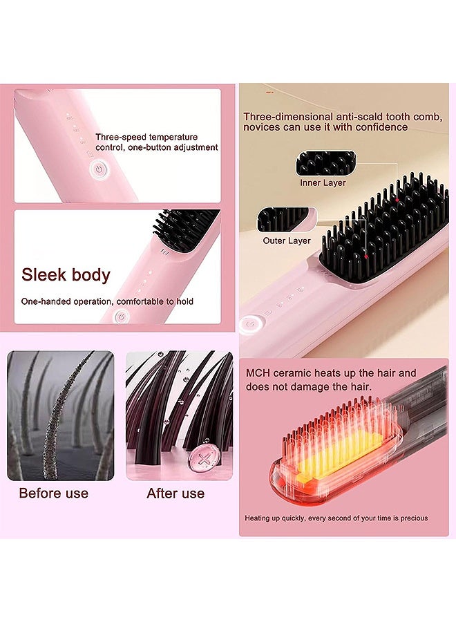 MAANGE Cordless Electric Hair Straightener Brush, 3 Temp Settings Fast Heating Ionic Straightening Comb, Portable Travel Design Anti-Scald Head for All Hair Types (Pink) - Image 4