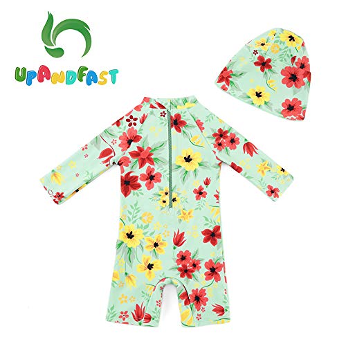 upandfast Baby/Toddler Girl One Piece Zip Sunsuits with Sun Hat UPF 50+ Sun Protection Infant Beach Swimsuit (Light Green(LS), 6-9 Months) - Image 2