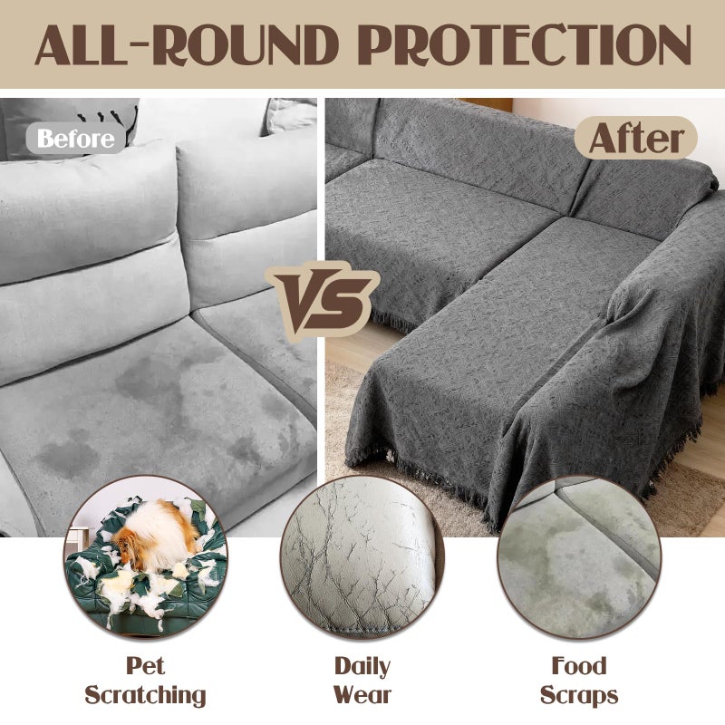 VANITURE Sectional Couch Covers U Shape, 3 Pieces Sofa Cover for Sectional Sofa, Washable U Shaped Couch Cover Blanket with Chaise Lounge for Dogs - Dark Gray (2PC 110"x63" + 1PC 90"x71") - Image 3