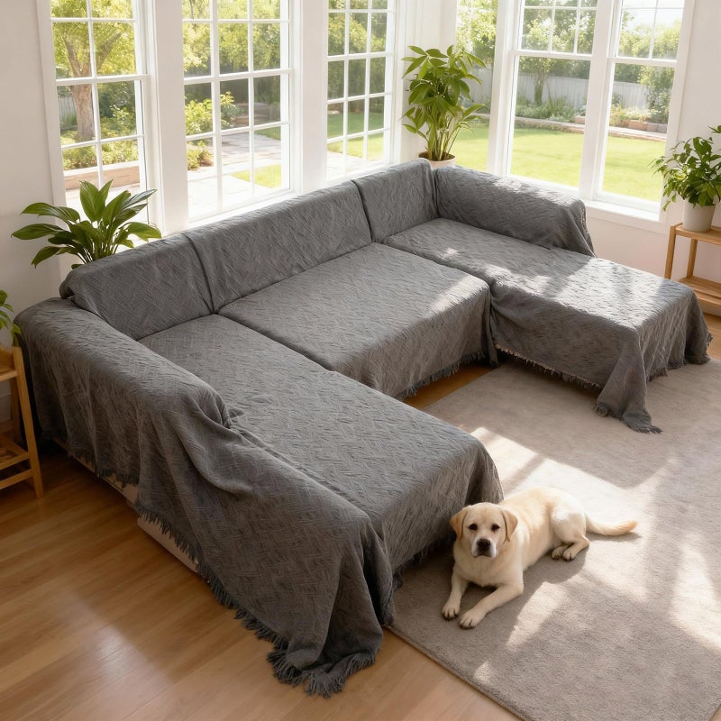 VANITURE Sectional Couch Covers U Shape, 3 Pieces Sofa Cover for Sectional Sofa, Washable U Shaped Couch Cover Blanket with Chaise Lounge for Dogs - Dark Gray (2PC 110"x63" + 1PC 90"x71") - Image 1