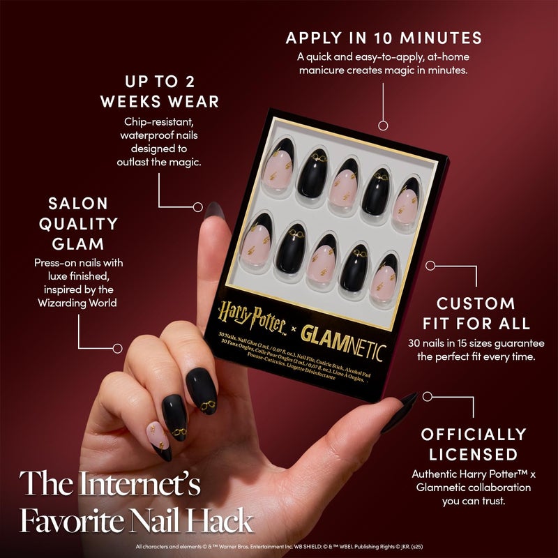 Glamnetic Press On Nails x Harry Potterâ„¢ - Harry Potterâ„¢ | Short Almond Fake Nails with Black French Tips, Glasses & Hidden Lightning Details, Officially Licensed | 15 Sizes - 30 Nail Kit with Glue - Image 3
