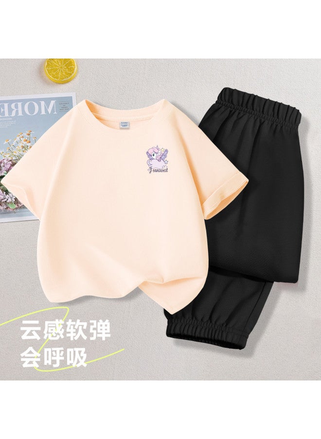 Jeanswest Kids' Outfit Lightweight 2025 New Short-sleeve T-shirt & Mosquito-repellent Pants Two-piece Set For Girls (big Kids & Toddlers) Summer Wear - Image 2