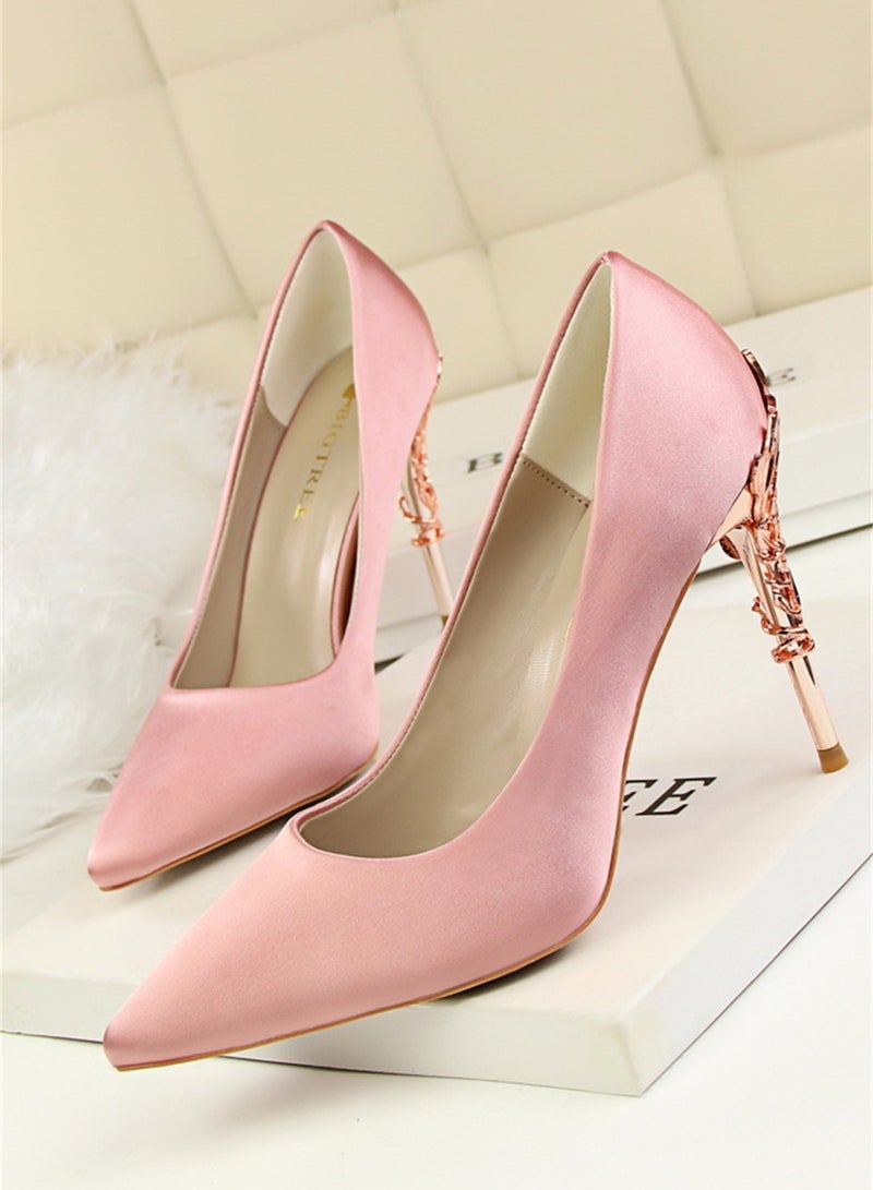 BIGTREE 10cm Stylish Metal Pumps With Slim Heels High heels Shallow-Cut Pointed Satin Pumps Pink - Image 1