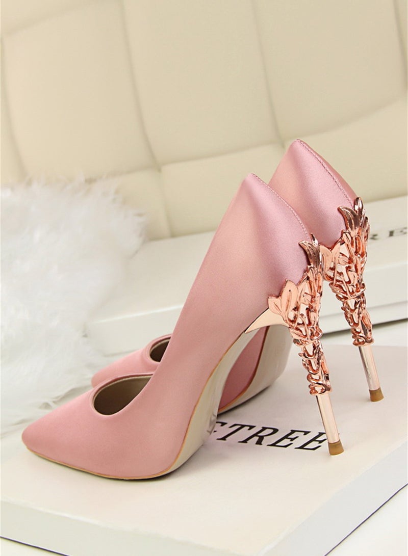 BIGTREE 10cm Stylish Metal Pumps With Slim Heels High heels Shallow-Cut Pointed Satin Pumps Pink - Image 2