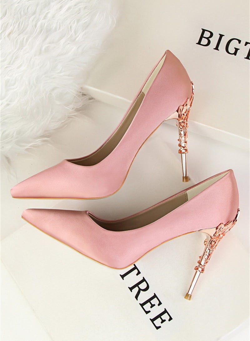 BIGTREE 10cm Stylish Metal Pumps With Slim Heels High heels Shallow-Cut Pointed Satin Pumps Pink - Image 3