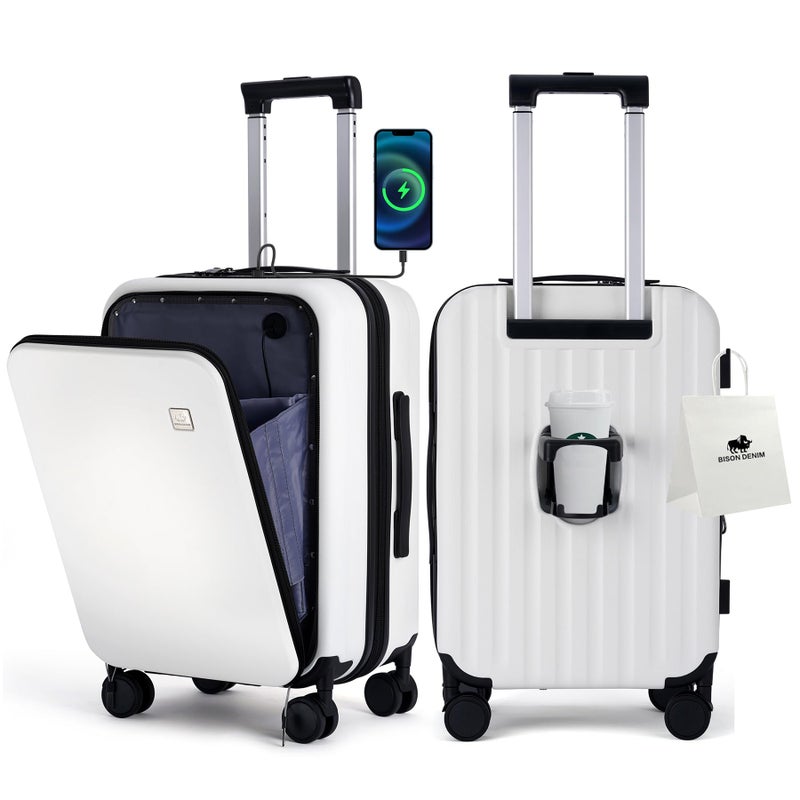 BISON DENIM 20 Inch Carry On Luggage, PC Lightweight Hardside Expandable Carry-On Luggage Airline Approved With Spinner Wheels, Front Compartment, Cup Holde, TSA-approved Lock, USB Port - Image 1
