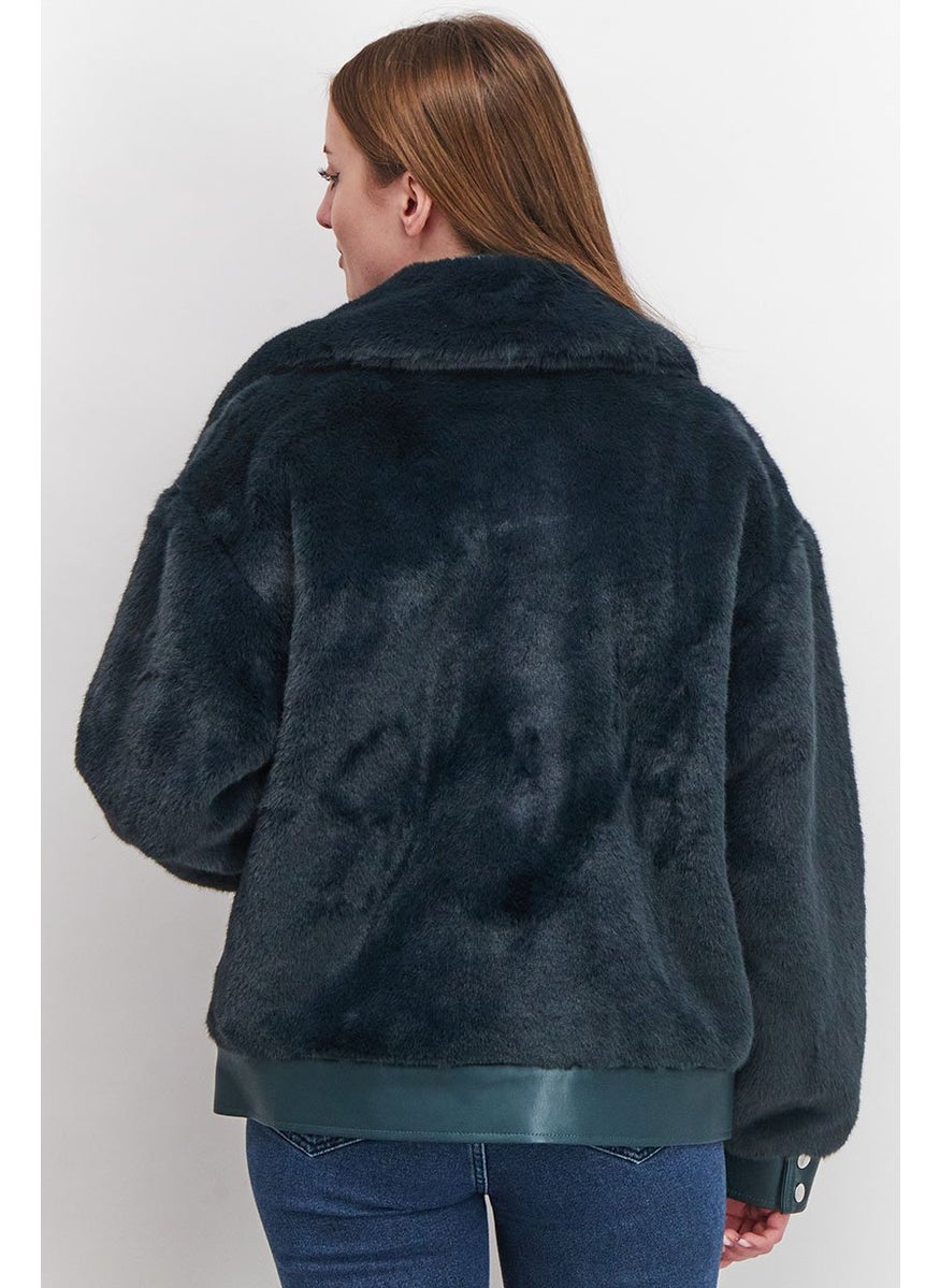 Rebecca Minkoff - Women Spread Collar Fur Full Zip Bomber Jacket, Teal - Image 1