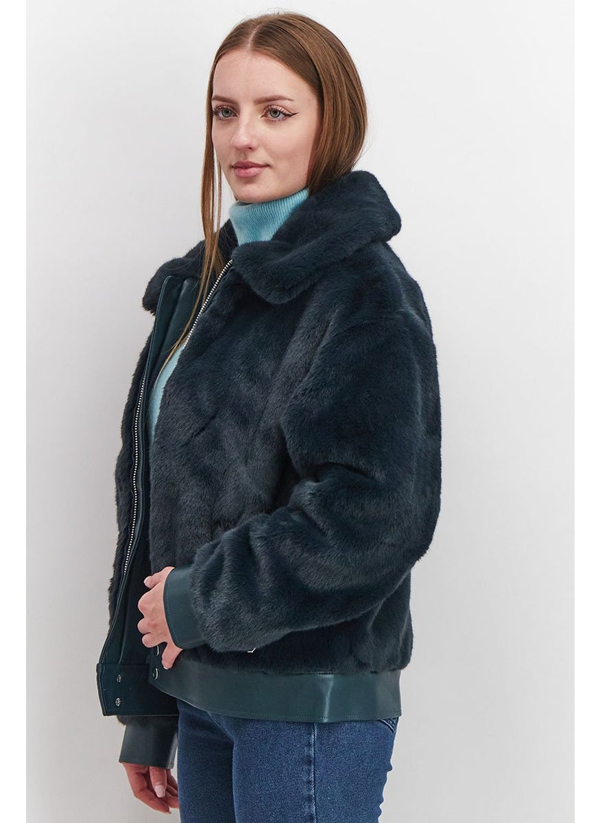 Rebecca Minkoff - Women Spread Collar Fur Full Zip Bomber Jacket, Teal - Image 1