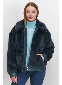 Women Spread Collar Fur Full Zip Bomber Jacket, Teal