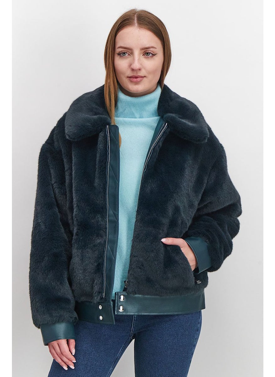 Rebecca Minkoff - Women Spread Collar Fur Full Zip Bomber Jacket, Teal - Image 1