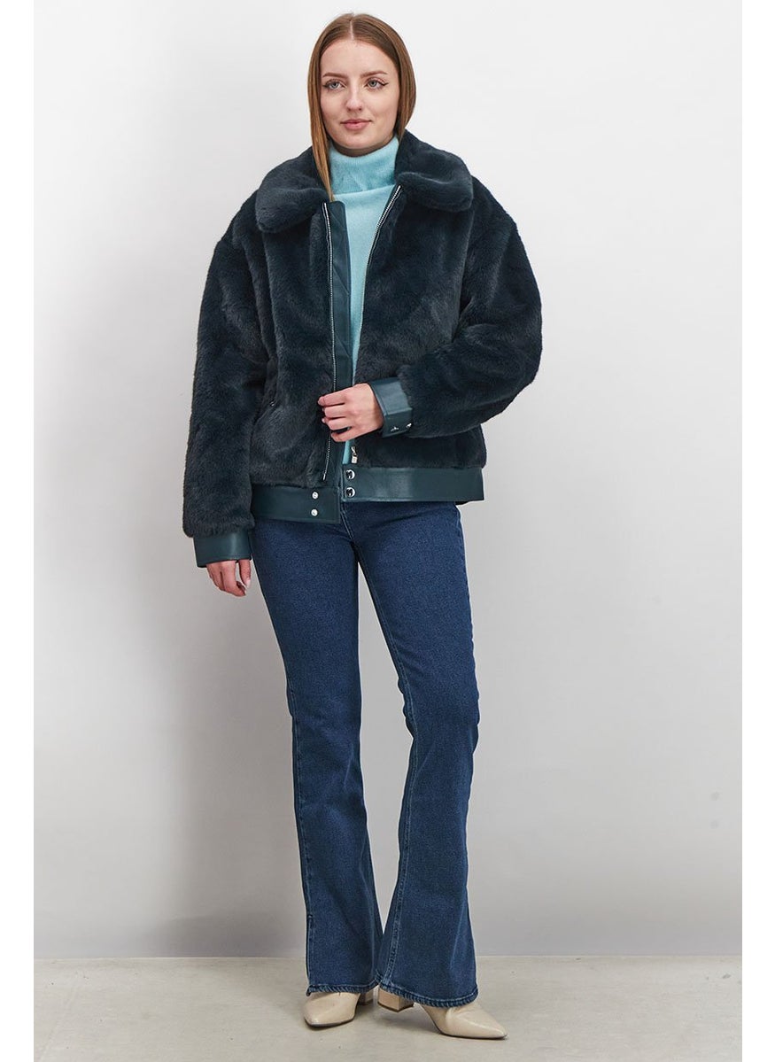 Rebecca Minkoff - Women Spread Collar Fur Full Zip Bomber Jacket, Teal - Image 1