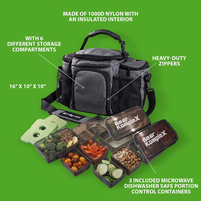 Bear KompleX Bear KompleX Insulated Meal Prep Management Lunch Bag, 6 Compartment Lunch Box Cooler Tote with 3 Microwave Dishwasher Safe Portion Control Containers, Reusable Ice Pack, Free Recipe E-Book Included  - Image 4