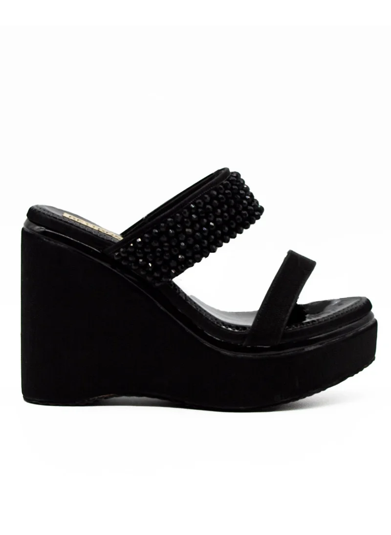 RETTROSE The Sara Black Hand Embellished Luxury Wedge Shoe