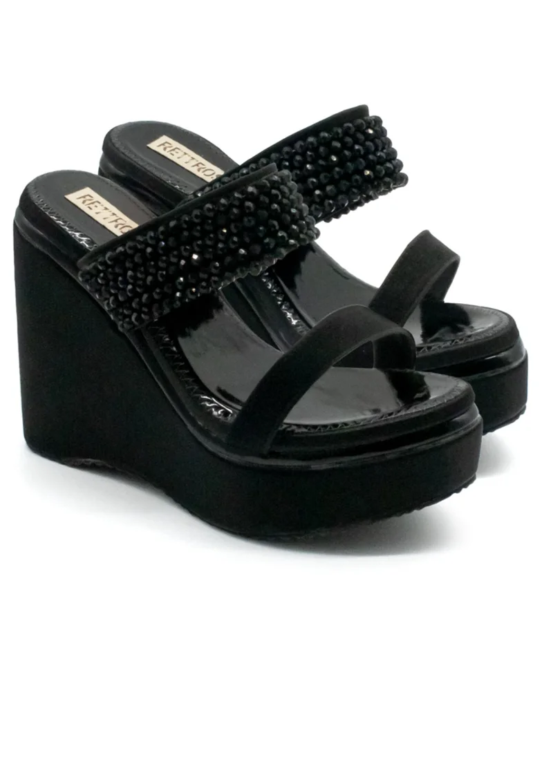RETTROSE The Sara Black Hand Embellished Luxury Wedge Shoe