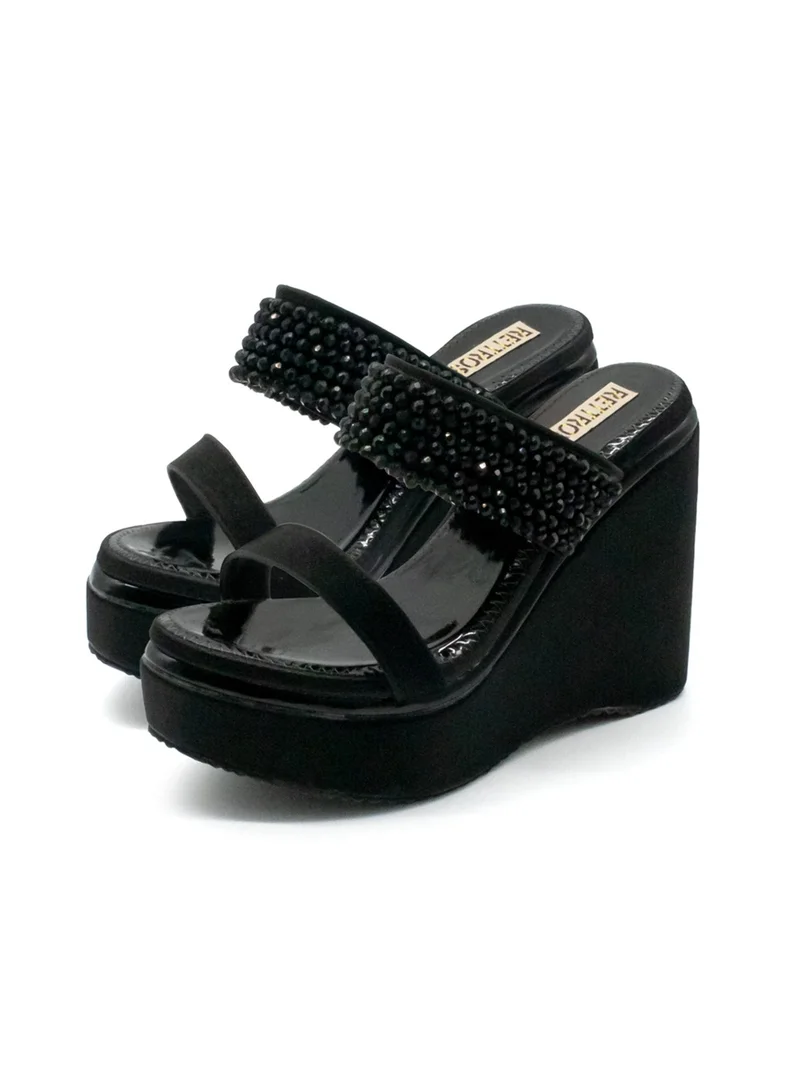 RETTROSE The Sara Black Luxury Handmade Women’s Wedge Heels – Embellished, Comfortable, Synthetic, 8.5cm Heel