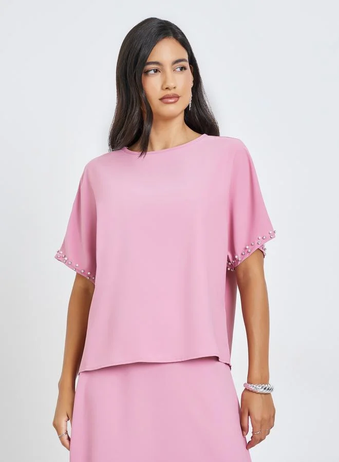 Styli Pink Embellished Short Sleeve Top and Maxi Skirt Co-Ords