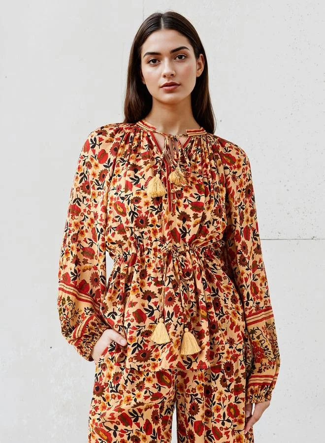 Lee Cooper Lee Cooper Bohemian Print Viscose Top with Tie-Up Neck